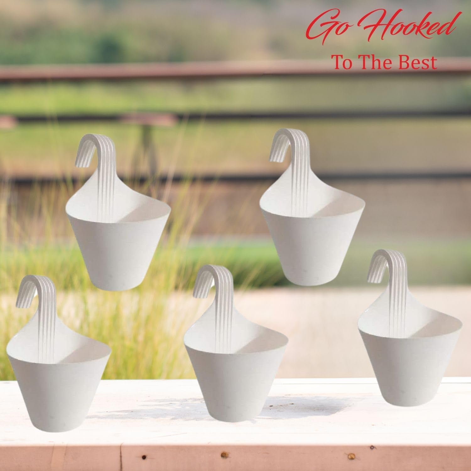 Go Hooked white plastic hanging planters, set of 5, 22 cm diameter, 17 cm height, for vertical gardens and balconies.