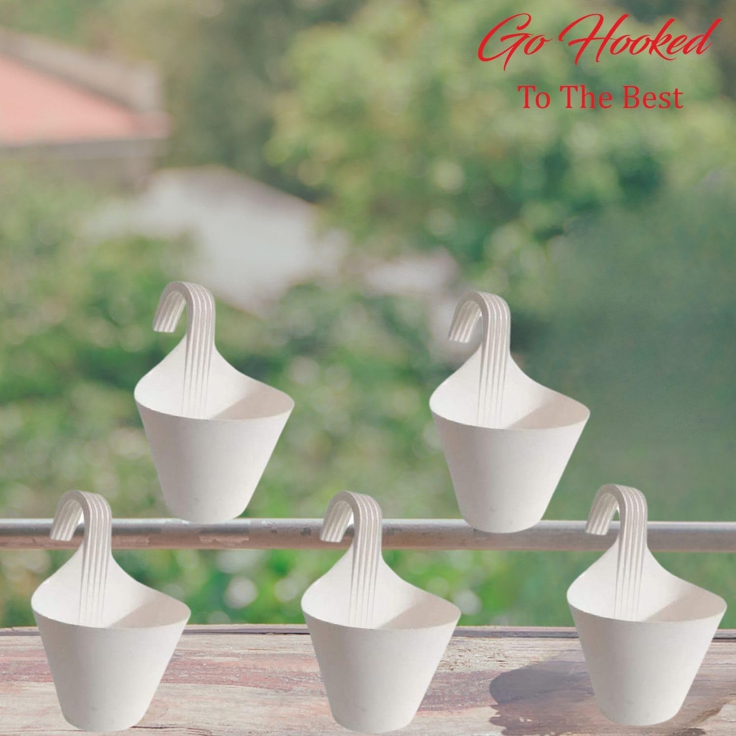 Go Hooked white plastic hanging planters, set of 5, 22 cm diameter, ideal for balconies and vertical gardens.