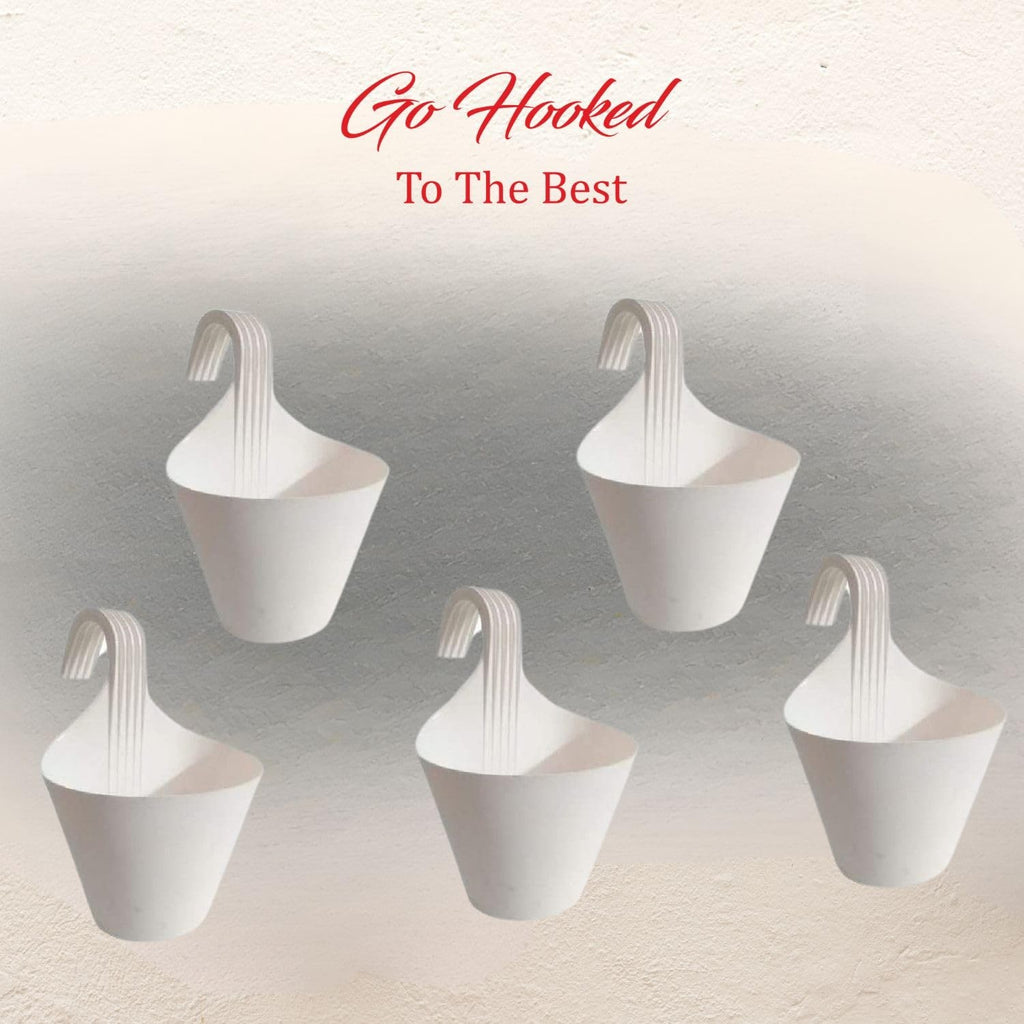 GoHooked white plastic hanging planters, set of 5, with hook for railings. Ideal for vertical gardens.