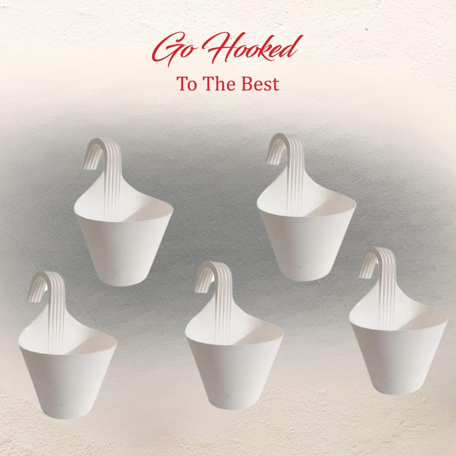 GoHooked white plastic hanging planters, set of 5, with hook for railings. Ideal for vertical gardens.