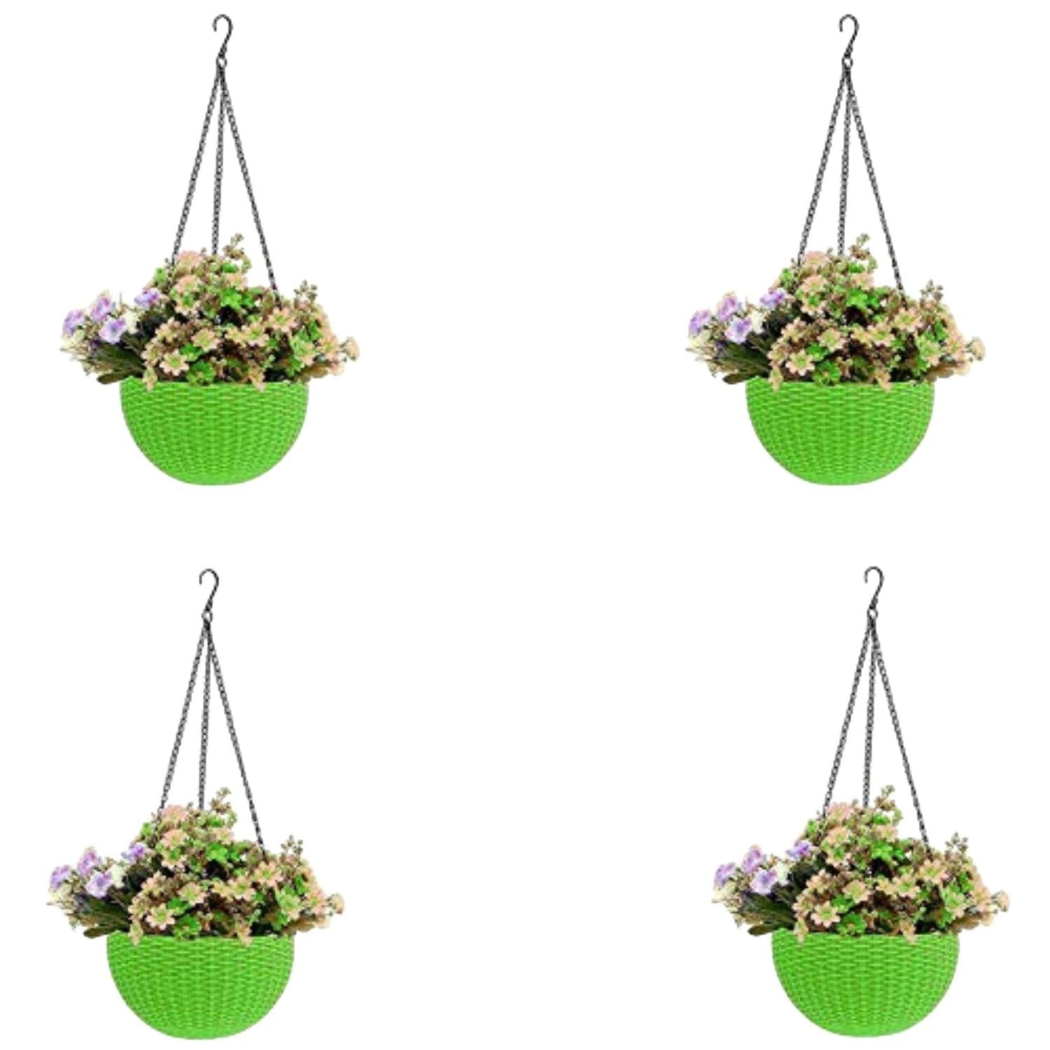 GoHooked white plastic hanging pot with woven texture, 7.1 inch diameter, 4.8 inch height, 13 inch chain. Set of 5.