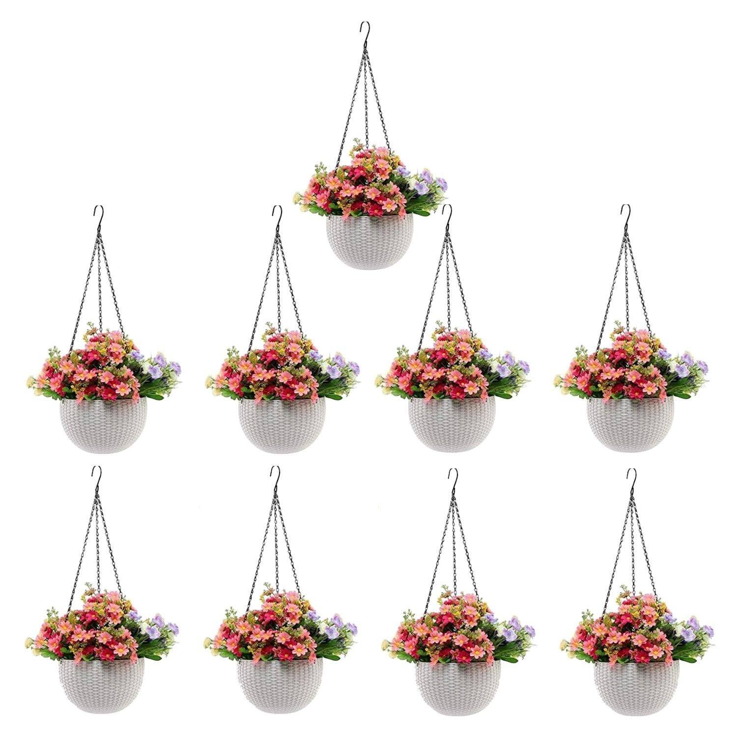 GoHooked white plastic hanging pot with woven texture, 7.1 inch diameter, filled with pink and purple flowers.