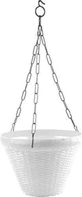 GoHooked white plastic round hanging pot with woven texture, 9 inch diameter, 6 inch height, includes chain.