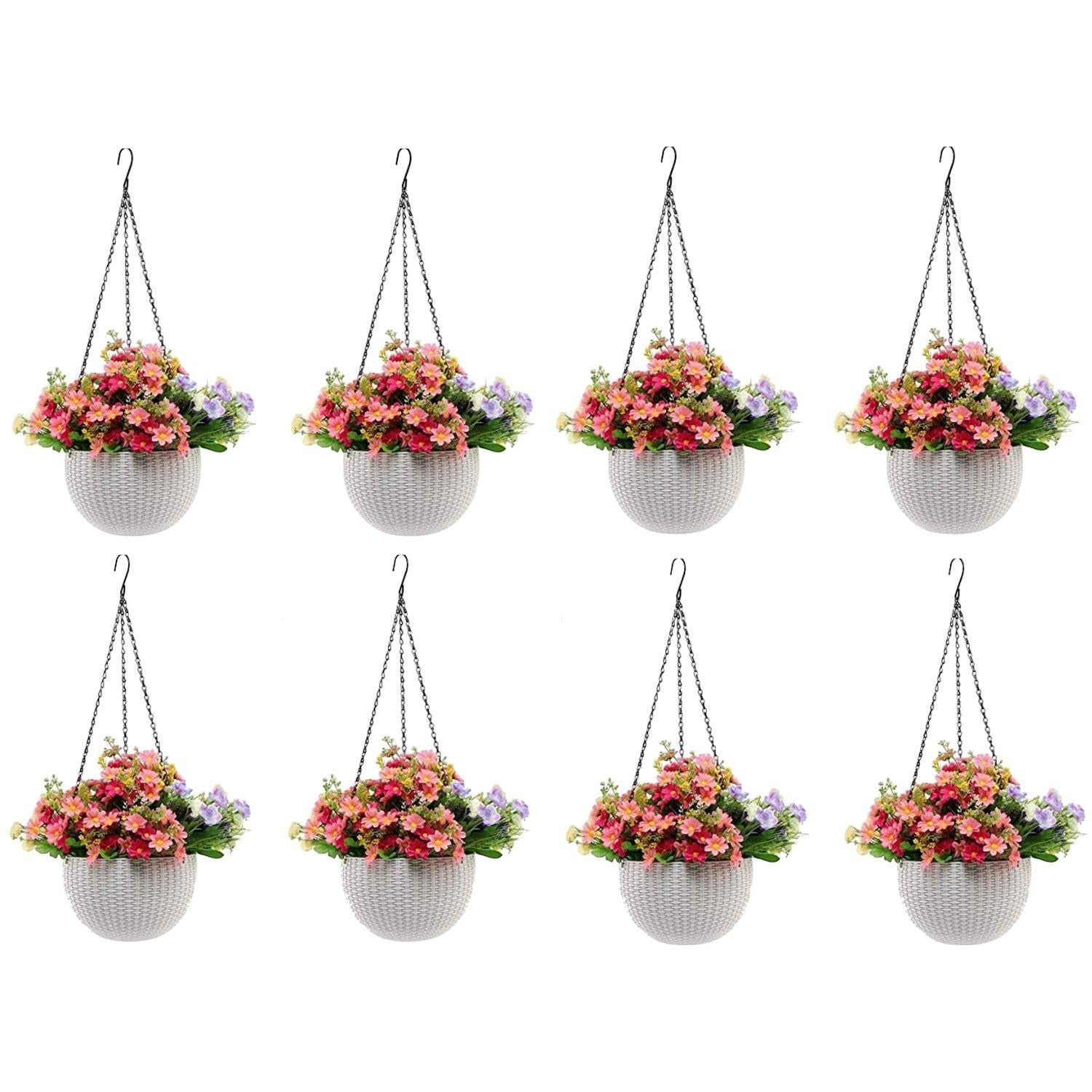 GoHooked white plastic hanging pot with woven texture, filled with pink and purple artificial flowers. Set of 5.