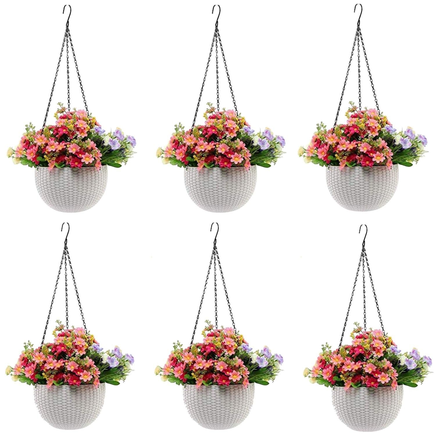 GoHooked white plastic hanging pot with woven texture, filled with pink, red, and purple artificial flowers. Set of 5.