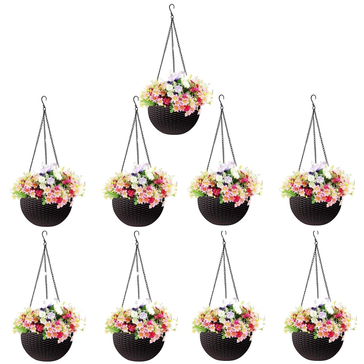 GoHooked white plastic hanging pot with woven texture, filled with colorful artificial flowers. Set of 5.