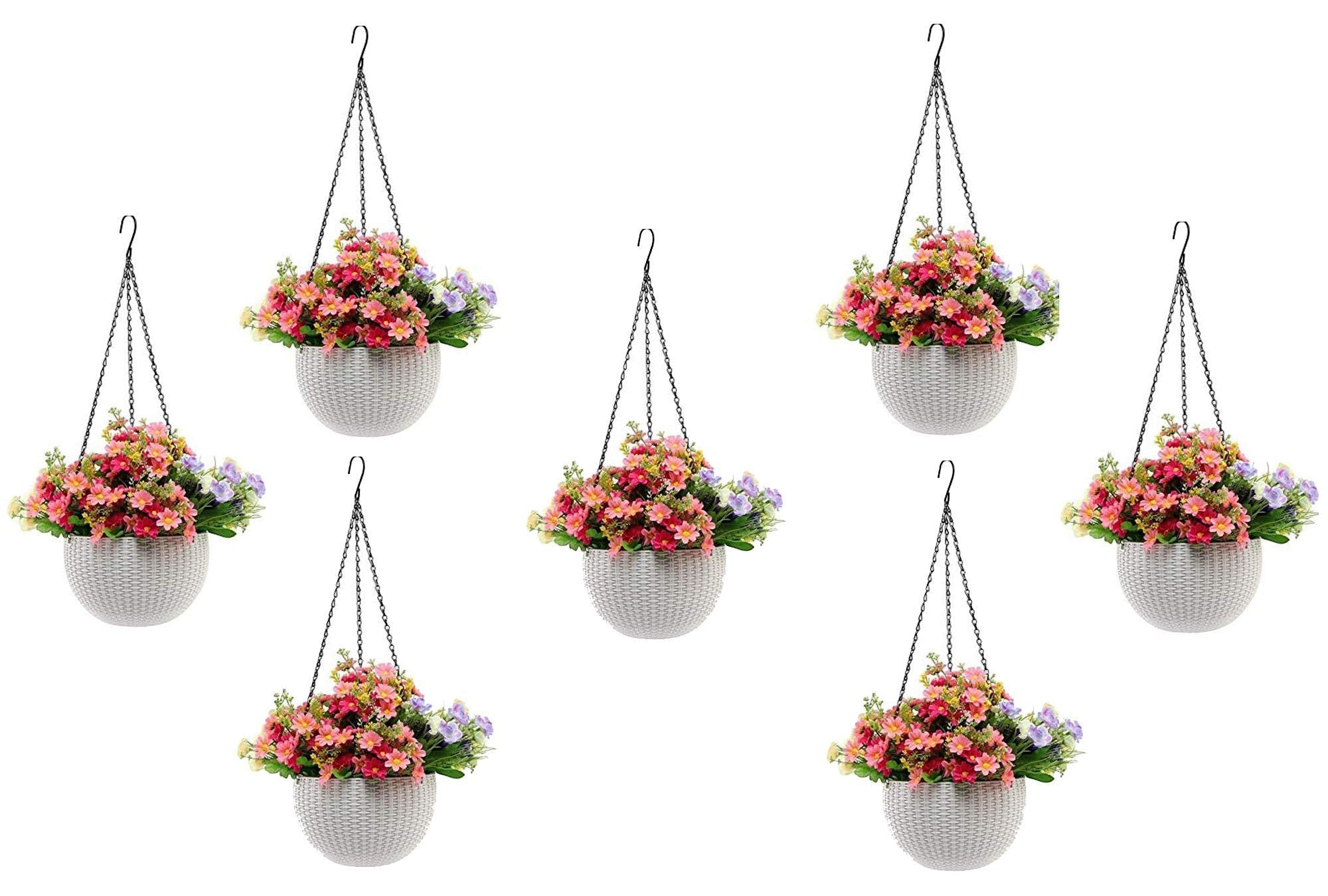 GoHooked white plastic hanging pot with woven texture, filled with pink and purple flowers. Set of 5.