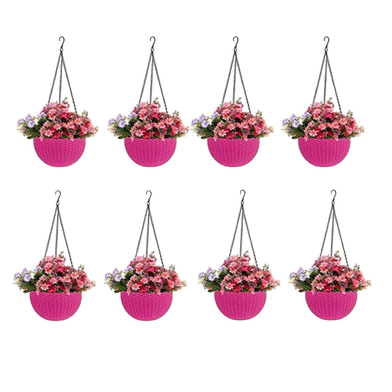 GoHooked white plastic hanging pot with woven texture, 7.1 inch diameter, 4.8 inch height, 13 inch chain. Set of 5.