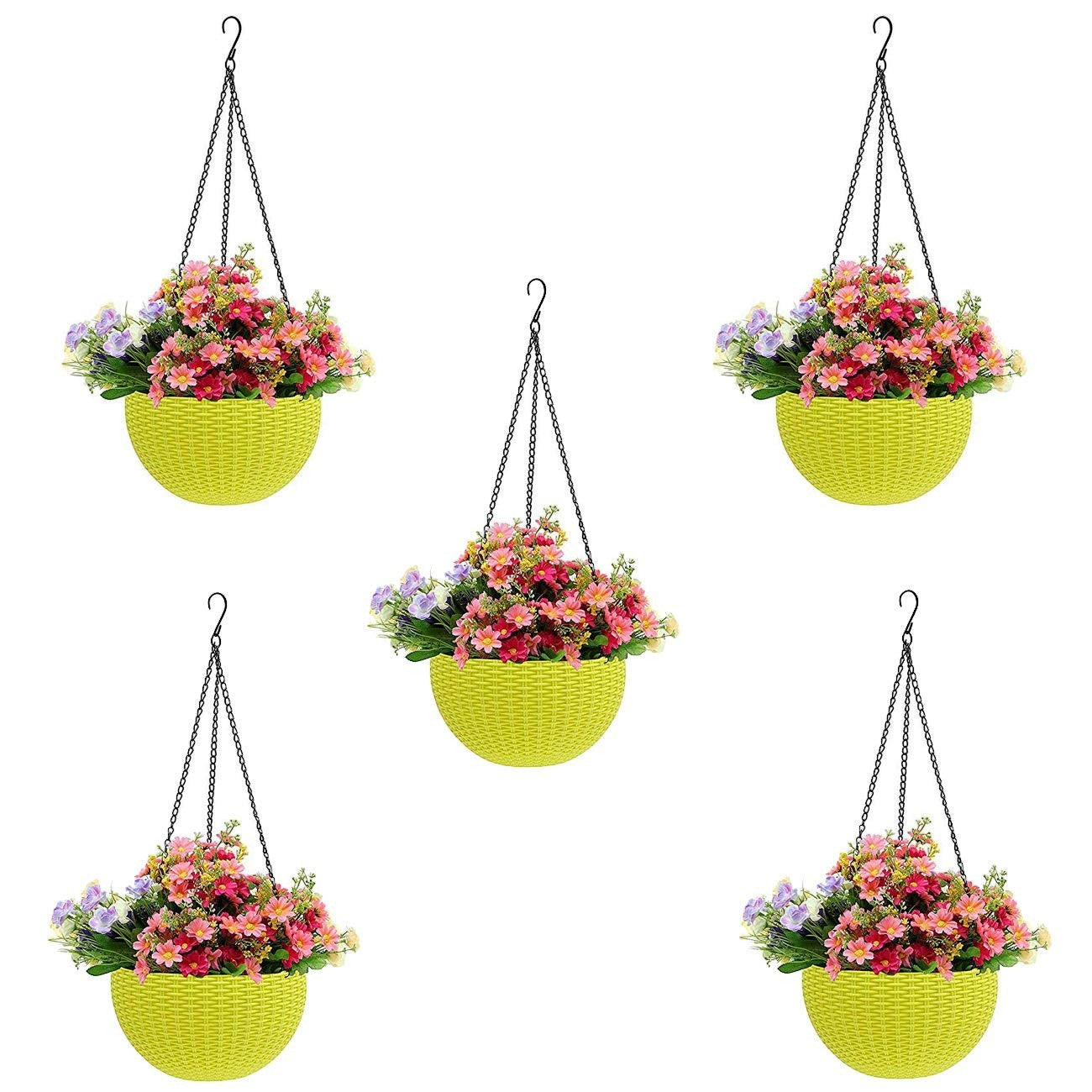 GoHooked white plastic hanging pot with woven texture, filled with pink and purple flowers. Set of 5.