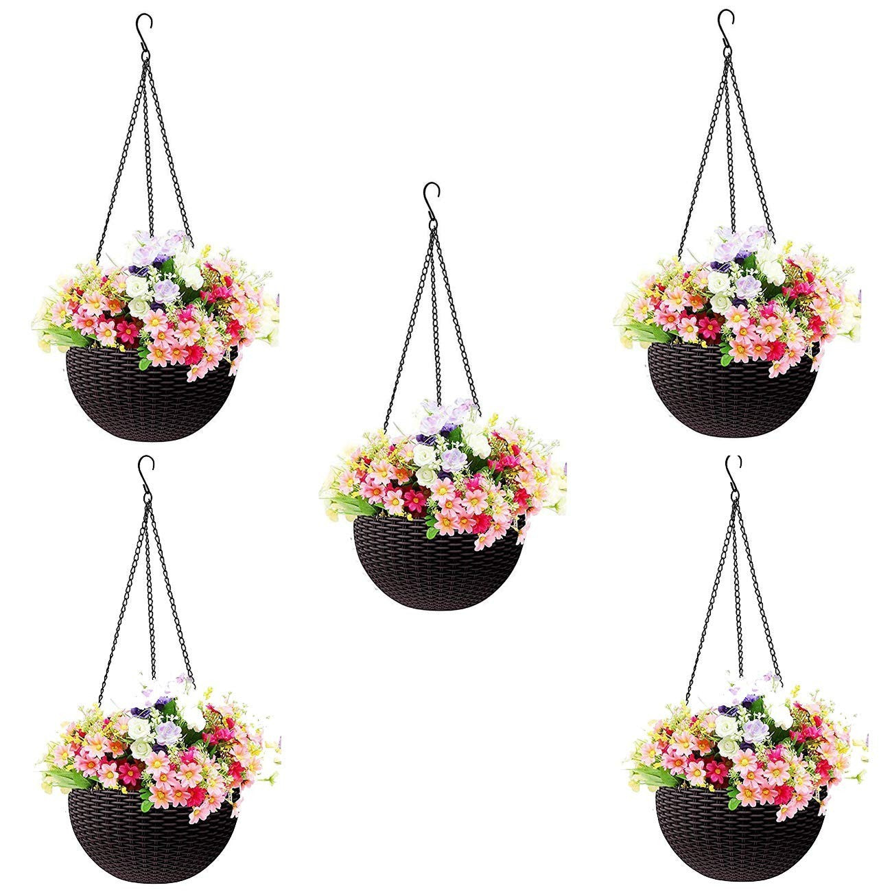 GoHooked white plastic hanging pot with woven texture, filled with colorful artificial flowers. Set of 5.