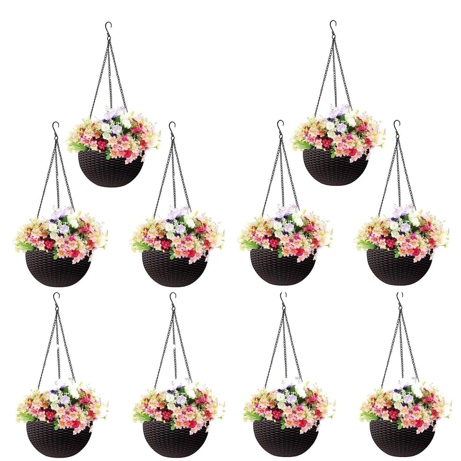 GoHooked white plastic hanging pot with woven texture, filled with colorful artificial flowers. Set of 5.
