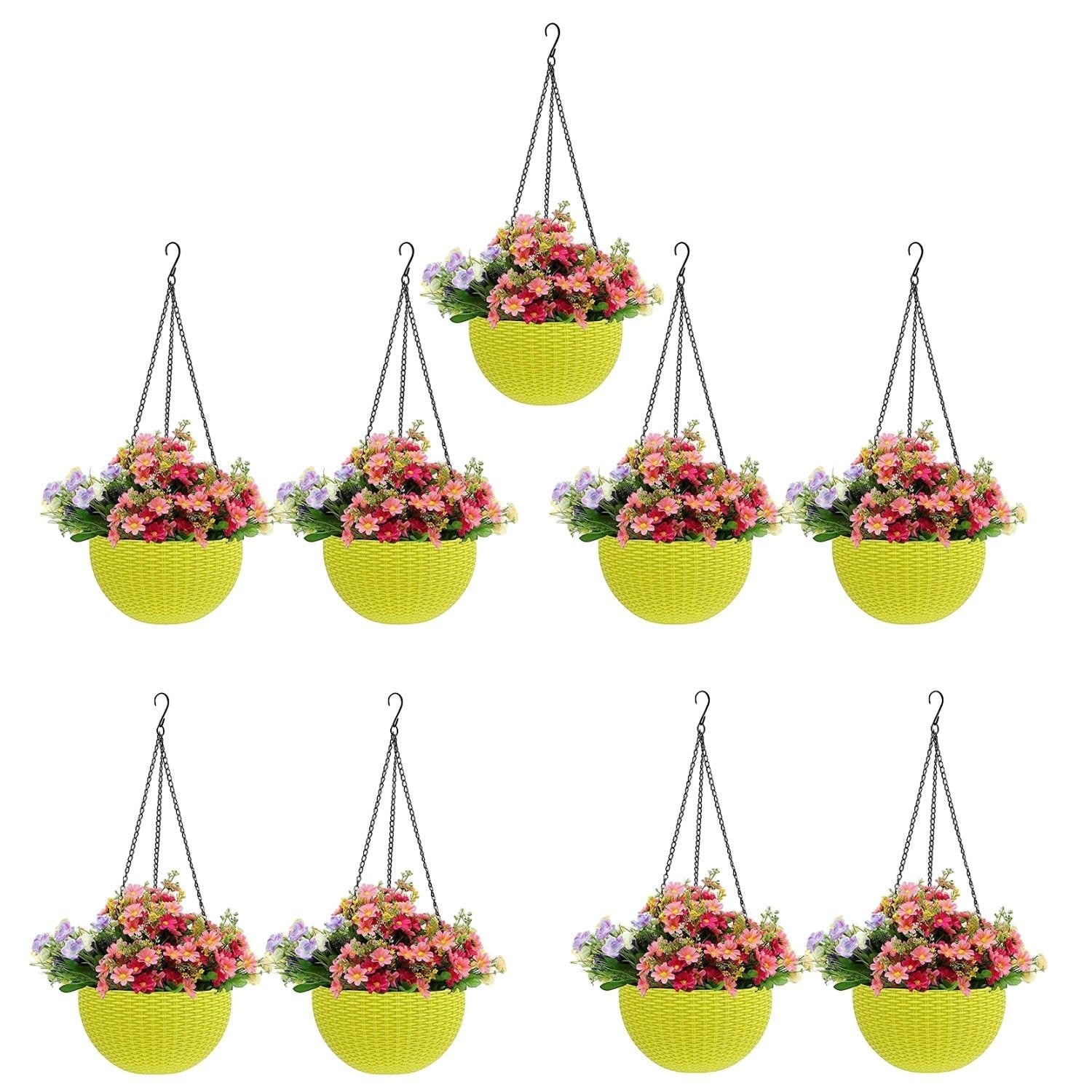 GoHooked white plastic hanging pot with woven texture, 7.1 inch diameter, 4.8 inch height, 13 inch chain. Set of 5.