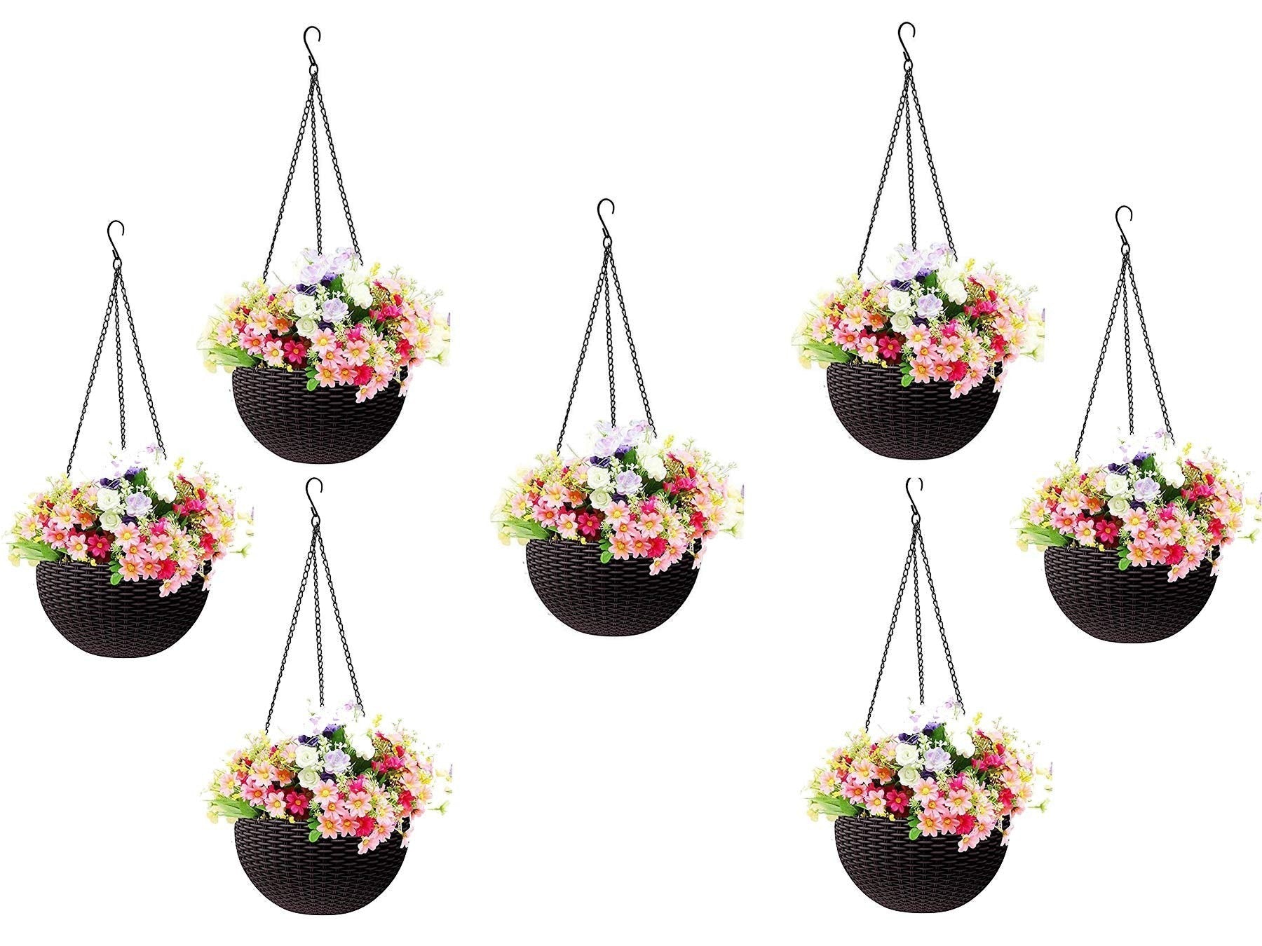 GoHooked white plastic hanging pot with woven texture, 7.1 inch diameter, holding colorful flowers. Set of 5.