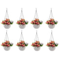 GoHooked white plastic hanging pot with woven texture, filled with pink and purple flowers. Set of 8.