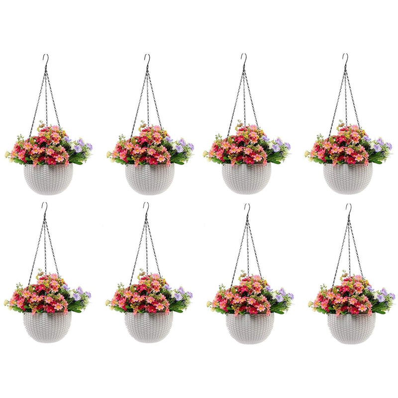 GoHooked white plastic hanging pot with woven texture, filled with pink and purple flowers. Set of 8.