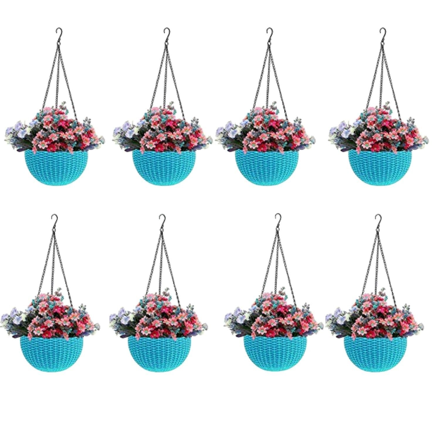 GoHooked white plastic hanging pot with woven texture, 7.1 inch diameter, filled with pink and purple flowers.