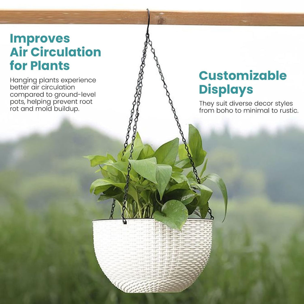 Go Hooked white plastic hanging pot with woven texture, 7.1 inch diameter, 4.8 inch height, 13 inch chain.
