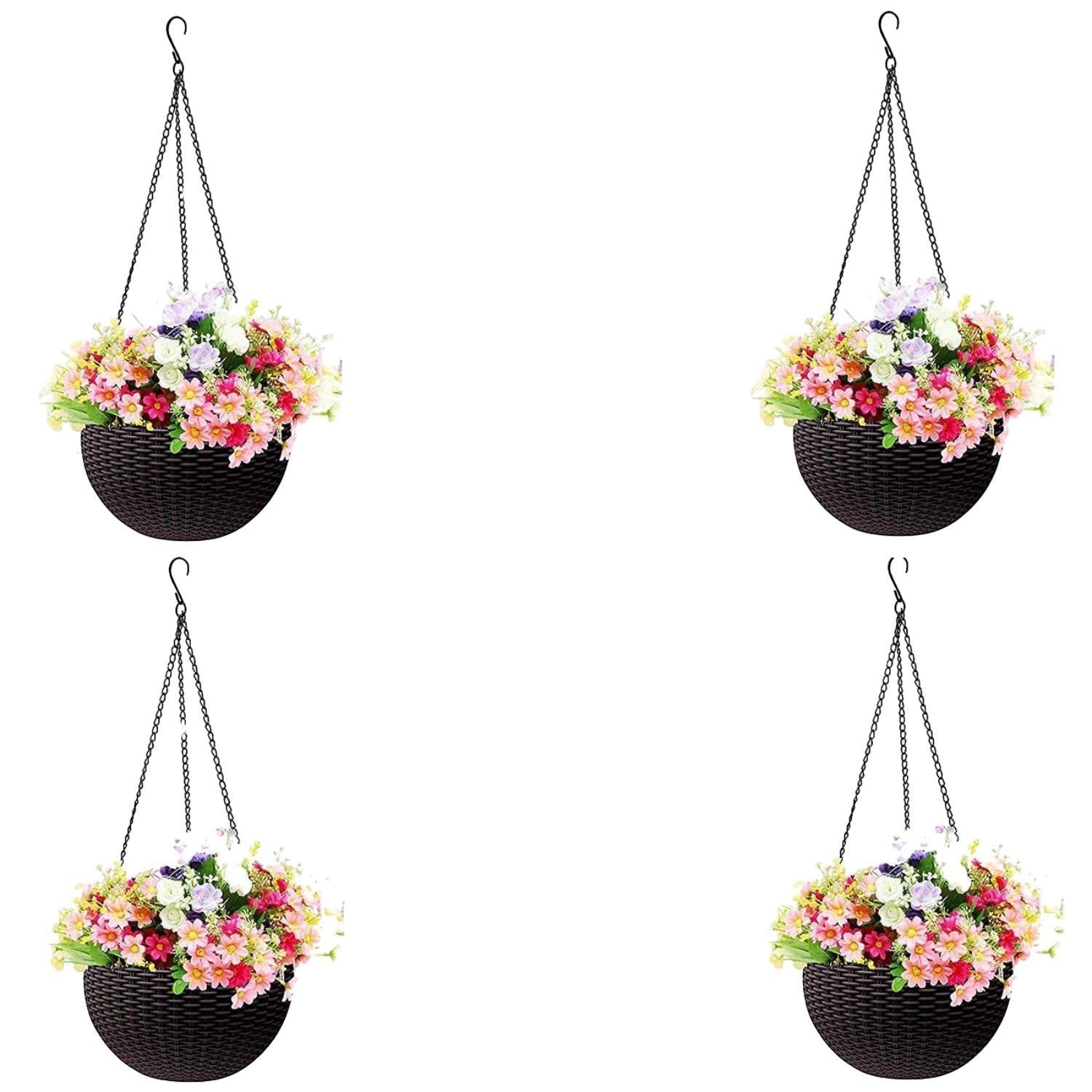 GoHooked white plastic hanging pot with woven texture, filled with colorful artificial flowers. 7.1 inch diameter.