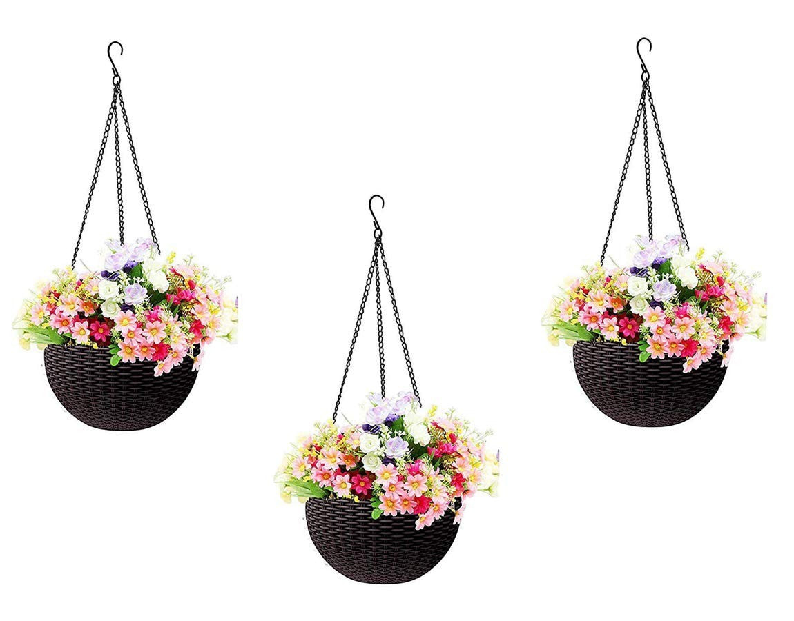 GoHooked white plastic hanging pot with woven texture, 7.1 inch diameter, filled with colorful artificial flowers.