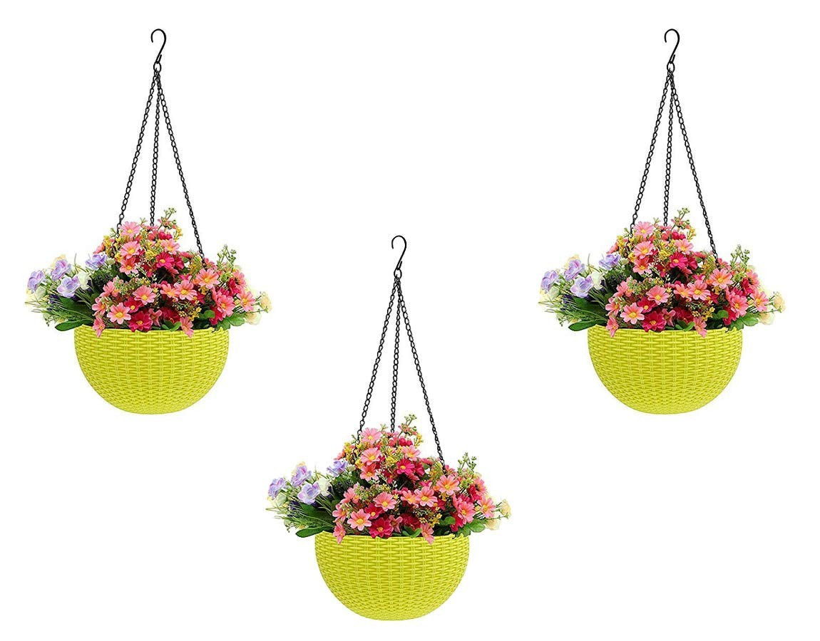 GoHooked white plastic hanging pot with woven texture, filled with pink and purple flowers. Set of 5.