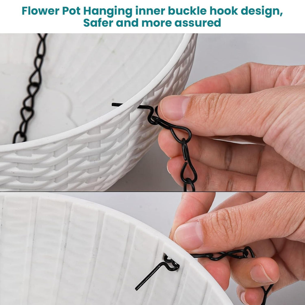 Go Hooked white plastic hanging pot with woven texture and black chain detail. Set of 3.