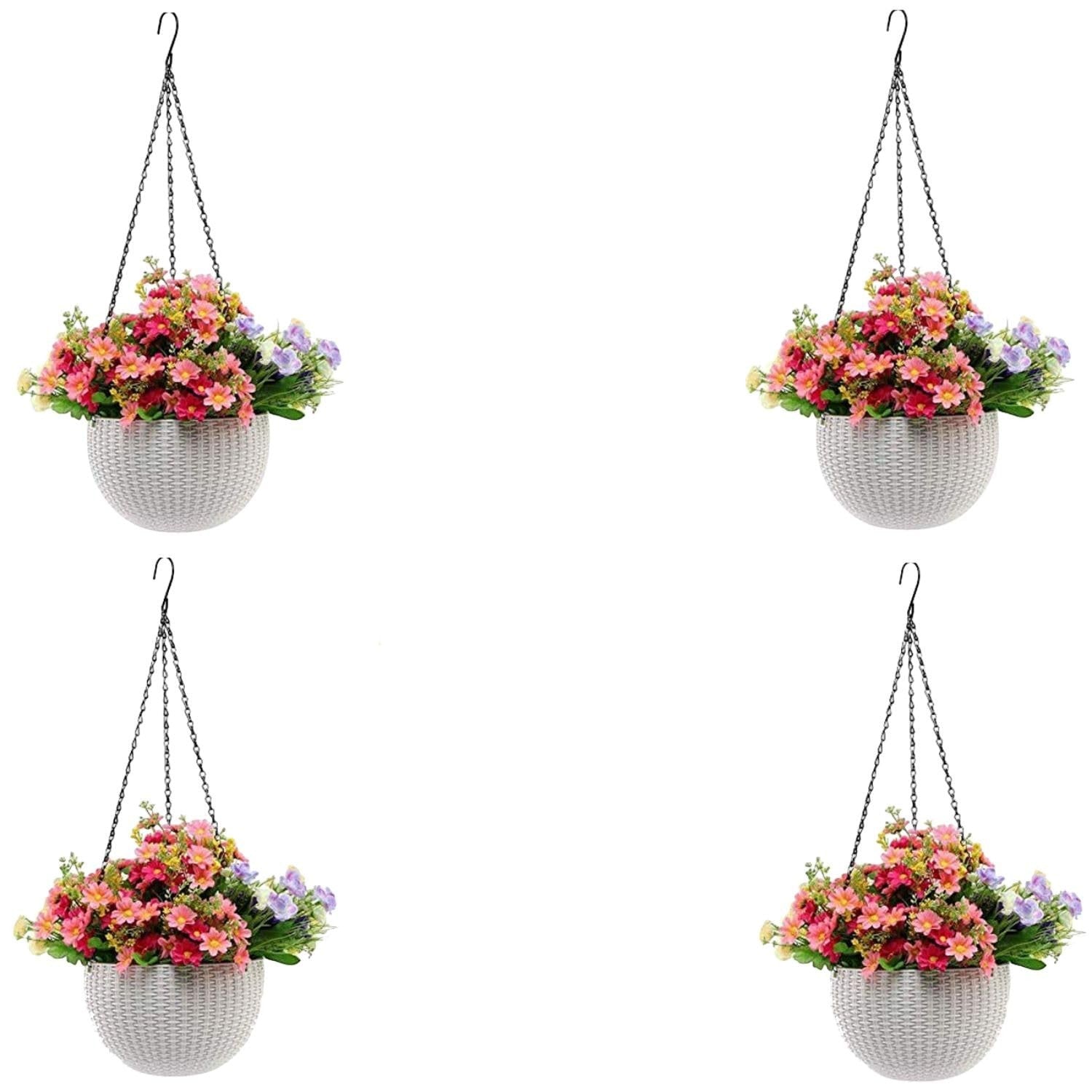 GoHooked white plastic hanging pot with woven texture, filled with pink and purple flowers. Set of 5.