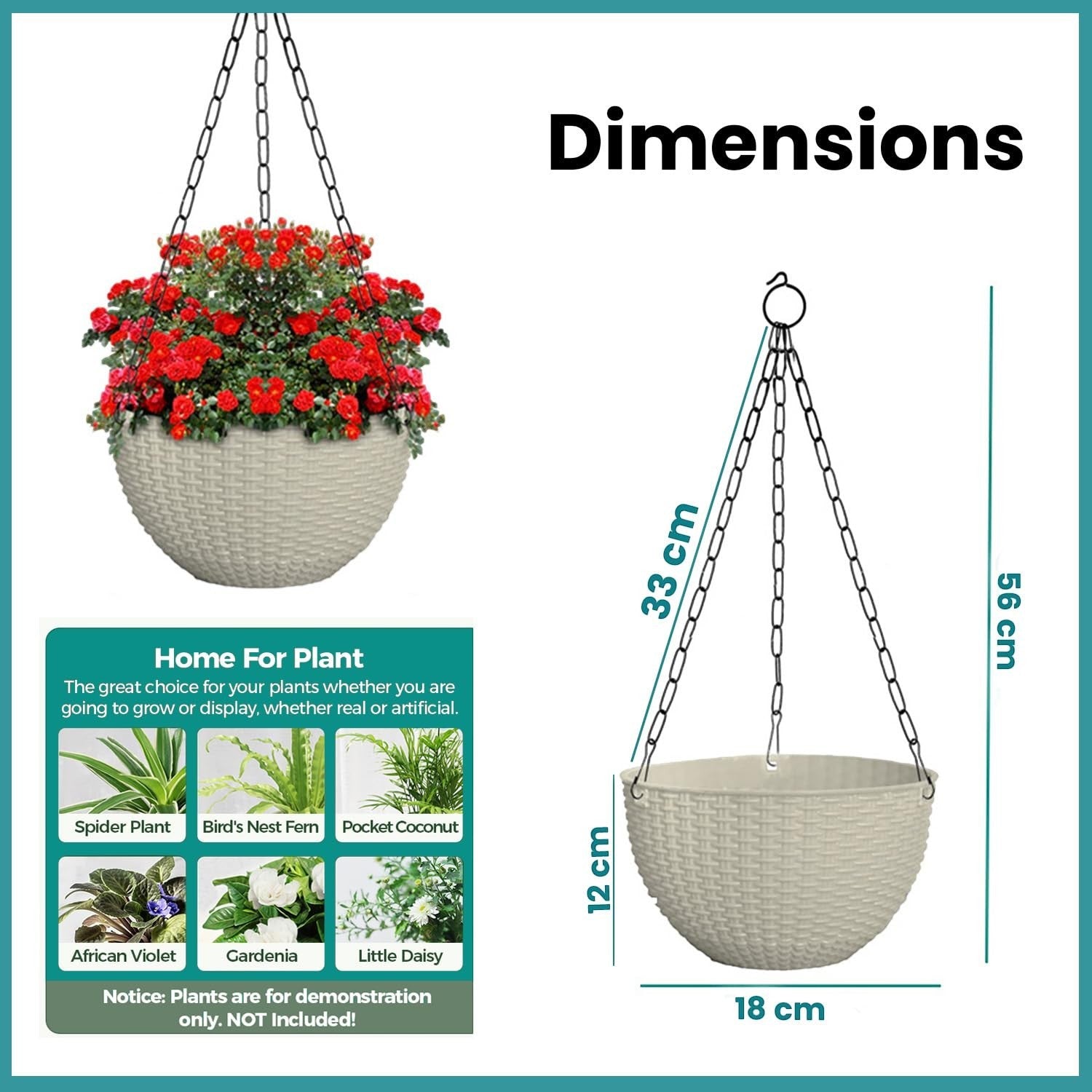 GoHooked white plastic hanging pot with woven texture, 7.1 inch diameter, 4.8 inch height, 13 inch chain.
