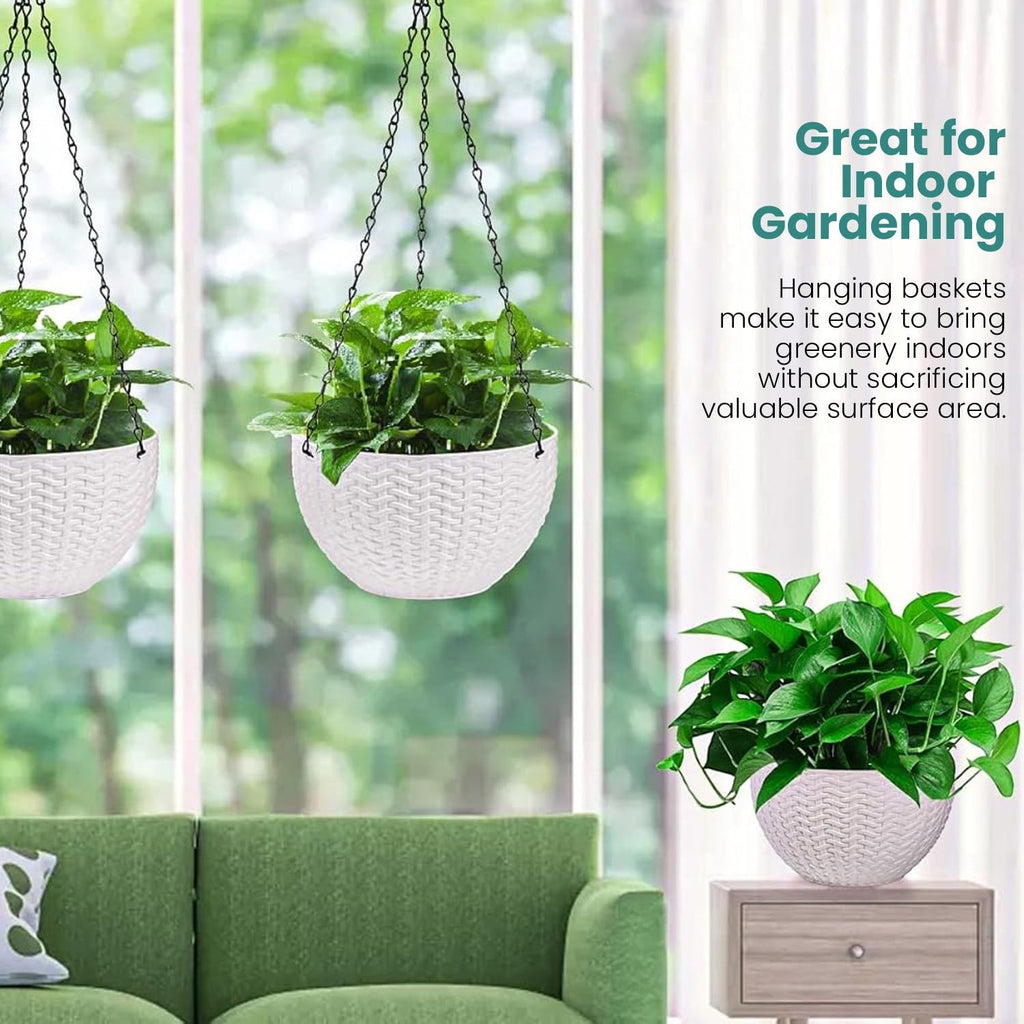 Go Hooked white plastic hanging plant pot with woven texture, 7.1 inch diameter, 4.8 inch height.