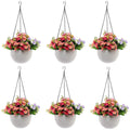 GoHooked 6-piece set of white plastic hanging pots with woven texture, filled with pink, red, and purple artificial flowers.