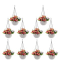 GoHooked white plastic hanging pots with woven texture, 7.1 inch diameter, holding colorful artificial flowers. Set of 10.