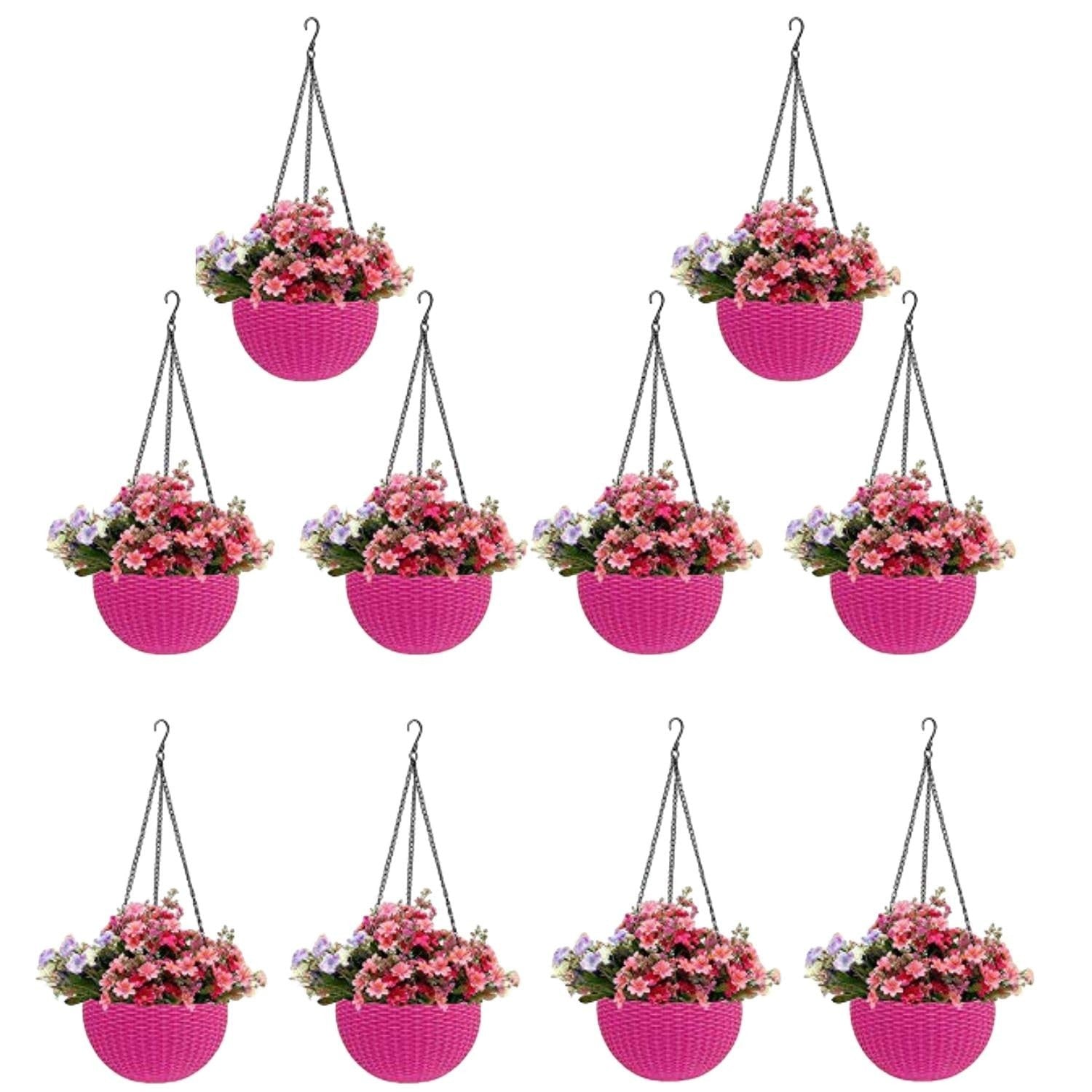 GoHooked set of 5 white plastic hanging pots with pink and purple flowers. Woven texture, 7.1 inch diameter.