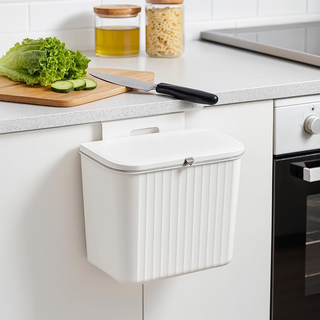 GoHooked white plastic hanging trash bin with lid, 29 cm, wall or cabinet mounted, space-saving garbage container