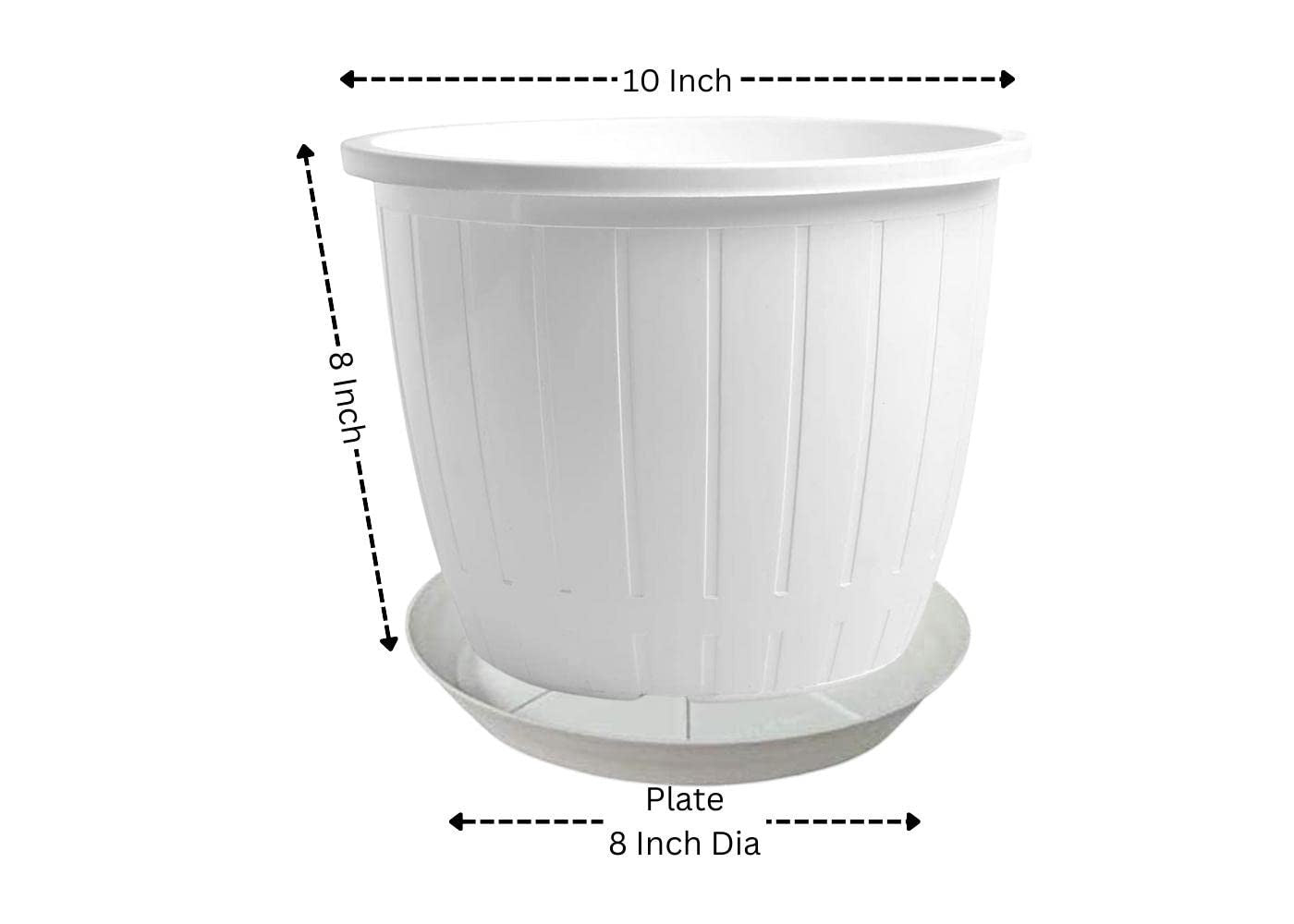 GoHooked pack of 12 white plastic plant pots, 10-inch diameter, 8-inch height, with matching 8-inch saucers. Ribbed design.