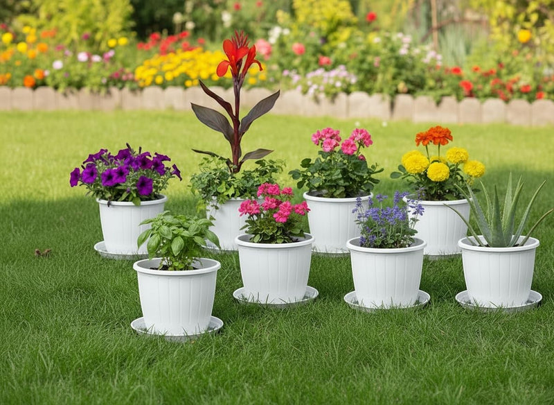 GoHooked pack of 12 white plastic plant pots with saucers, 10-inch diameter, 8-inch height, ribbed design for stability.