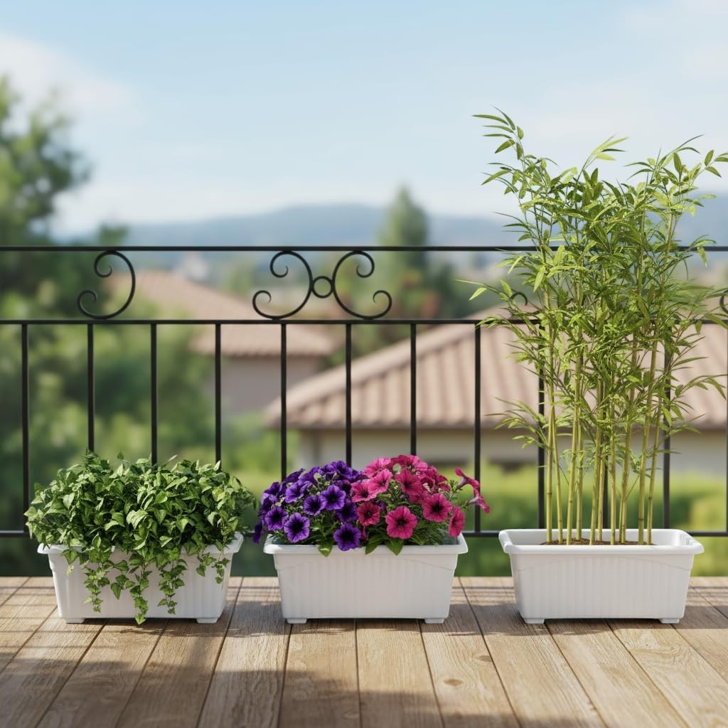 Go Hooked white rectangular plastic plant pots, set of 3, with green ivy, purple and pink flowers, and bamboo.