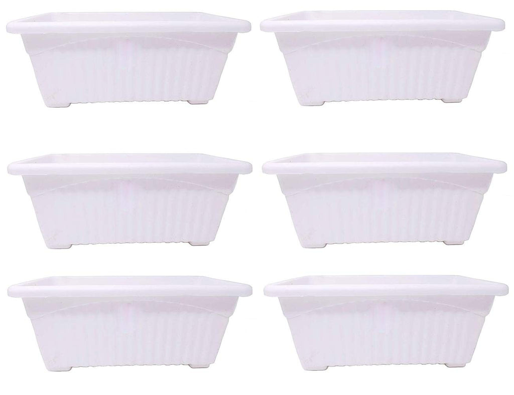 GoHooked set of 6 white rectangular plastic plant pots with ribbed texture and raised base.