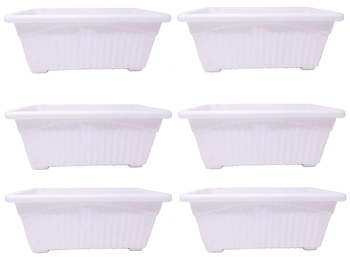 GoHooked set of 6 white rectangular plastic plant pots with ribbed texture and raised base.