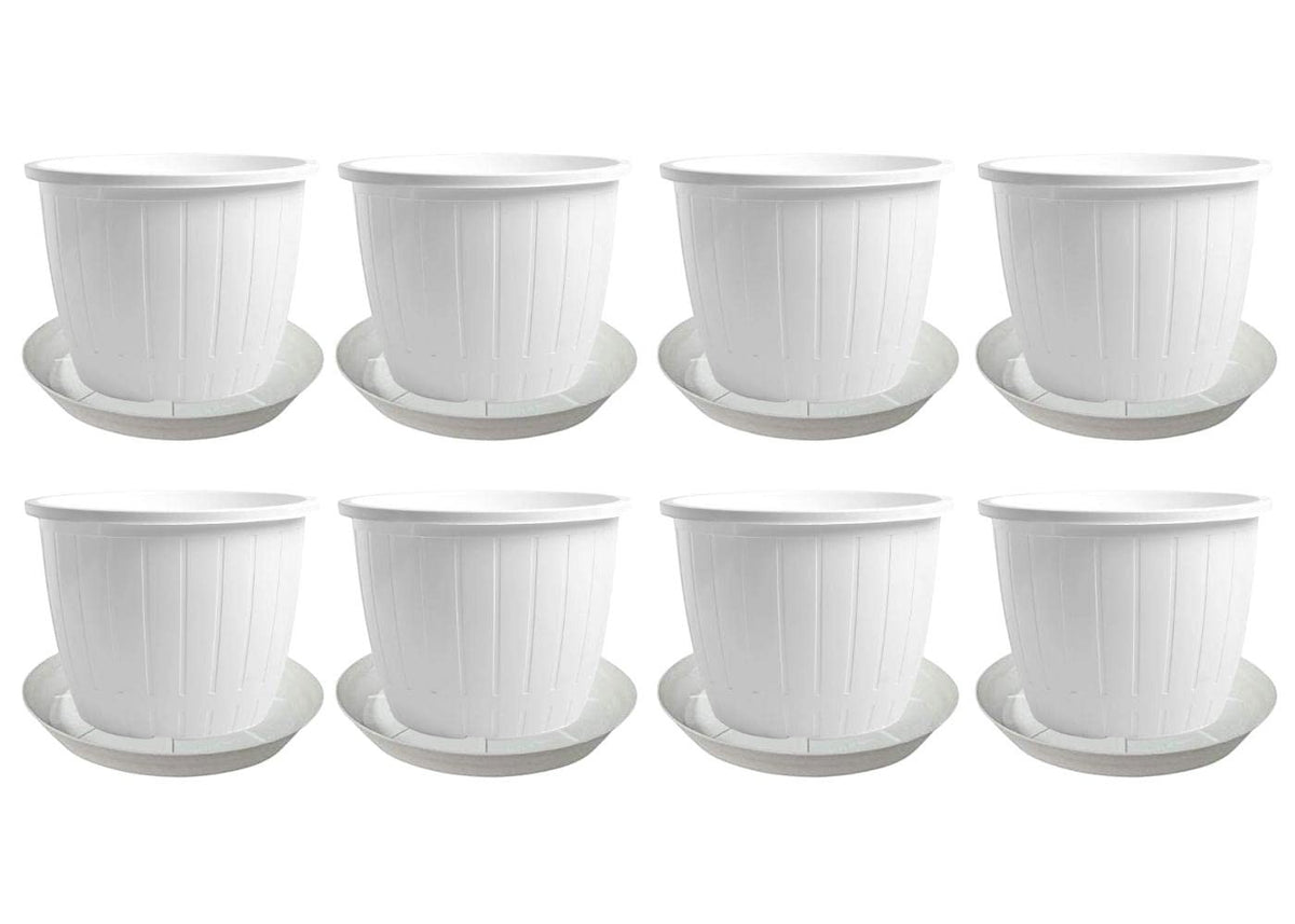 GoHooked 8-pack white plastic 10-inch planters with matching drip trays for indoor/outdoor gardening.
