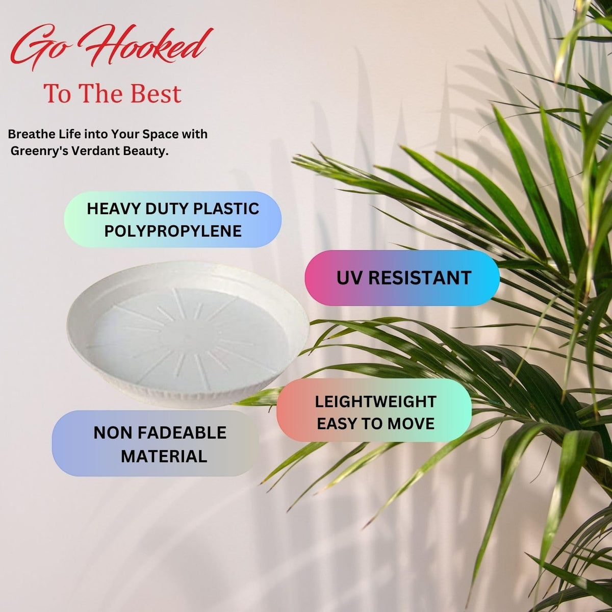 Go Hooked white 12-inch round plastic planter drip tray, UV resistant and lightweight for indoor/outdoor use.
