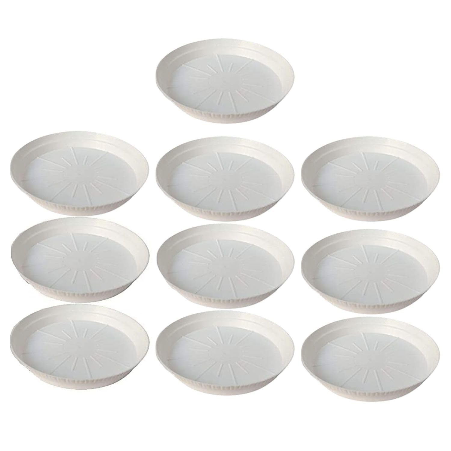 GoHooked 8 inch white plastic planter drip trays, pack of 10, for indoor and outdoor use, modern style.
