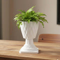 GoHooked white plastic planter with diamond-cut design and pedestal stand, holding a green plant.