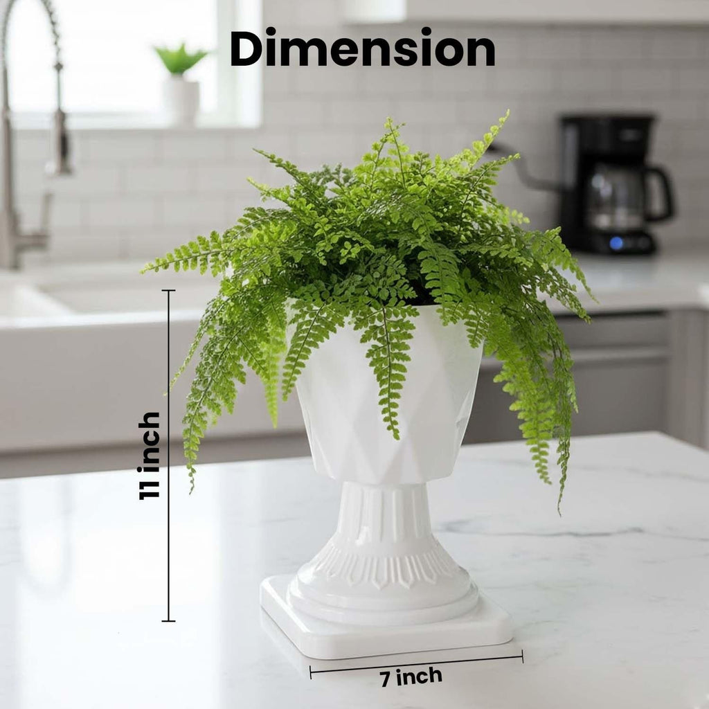 GoHooked white plastic planter with decorative pedestal stand and diamond-cut design, 11 inches tall.