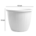 GoHooked white plastic planter pot with vertical ribbed texture, 10-inch diameter, 8-inch height, suitable for home and garden.