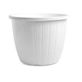 GoHooked white 10-inch plastic planter pot with vertical ribbed texture and wide rim, ideal for indoor or outdoor gardening.