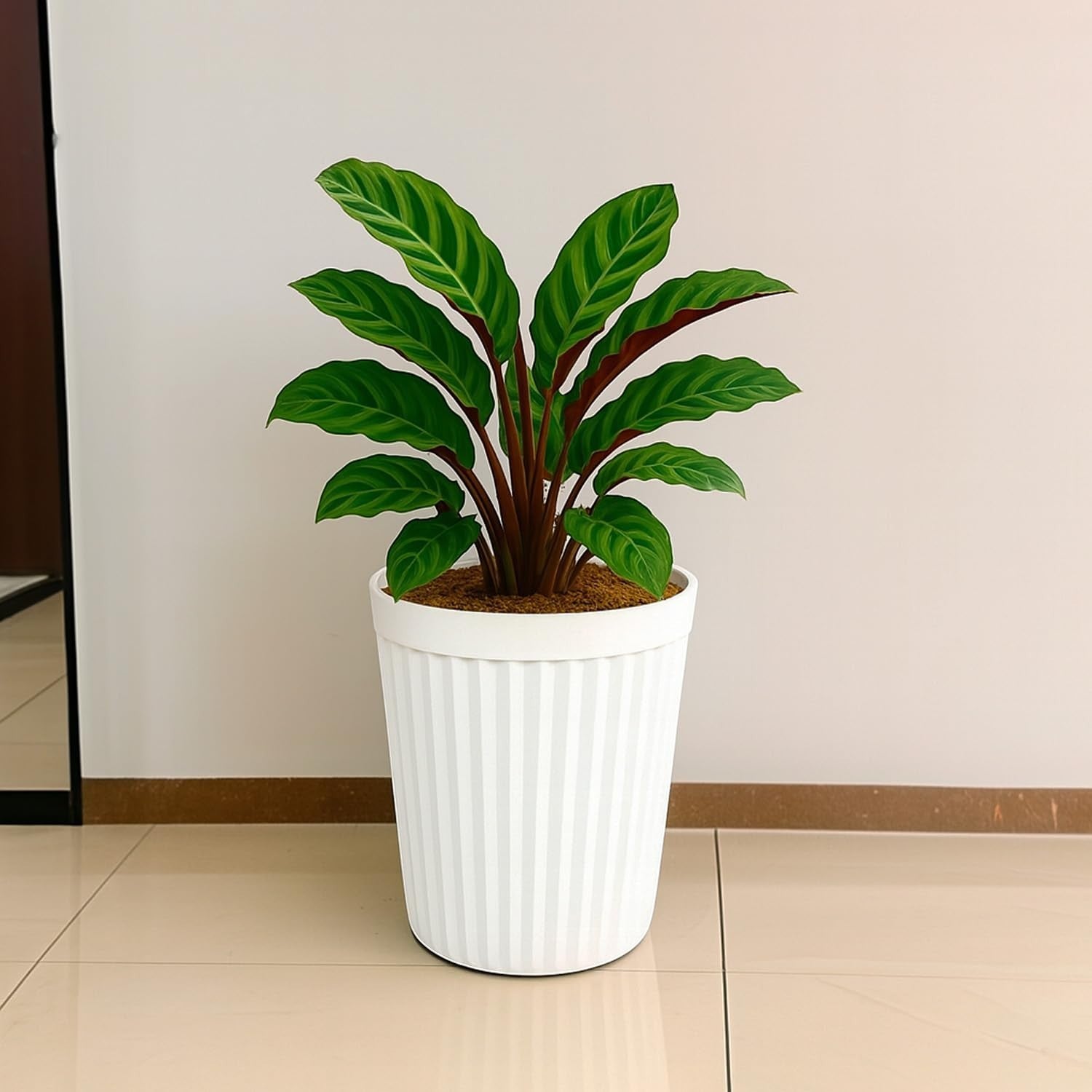 Go Hooked white fluted plastic planter pot with a green plant inside, 14 inch, indoor/outdoor use