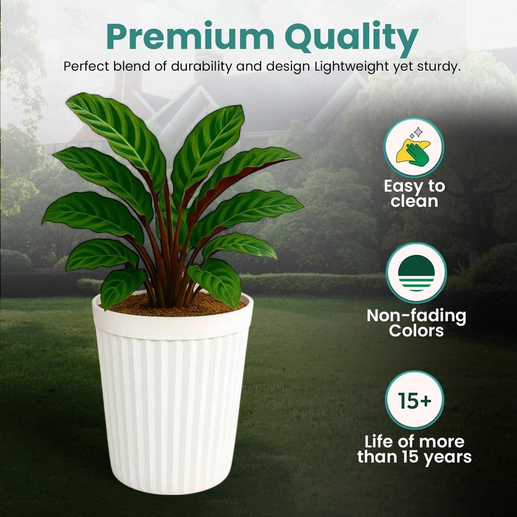 GoHooked white ribbed plastic planter pot, 14 inch, modern style, for indoor/outdoor plants.