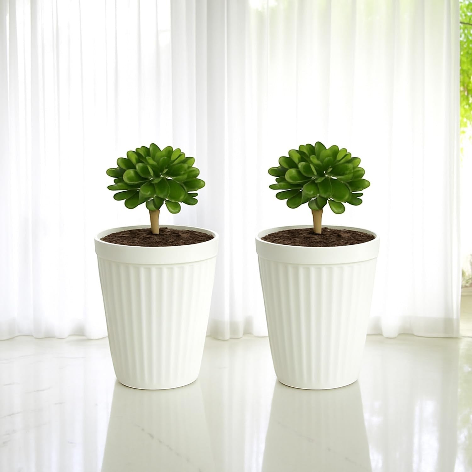 GoHooked white ribbed plastic planter pot, 14 inch, modern style, for indoor/outdoor plants. Pack of 2.