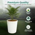 Go Hooked white ribbed plastic planter pot with a palm plant, 14 inch, durable and weather-resistant.