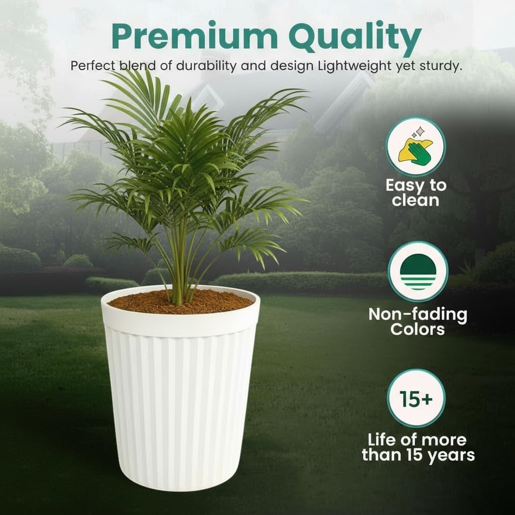 Go Hooked white ribbed plastic planter pot with a palm plant, 14 inch, durable and weather-resistant.