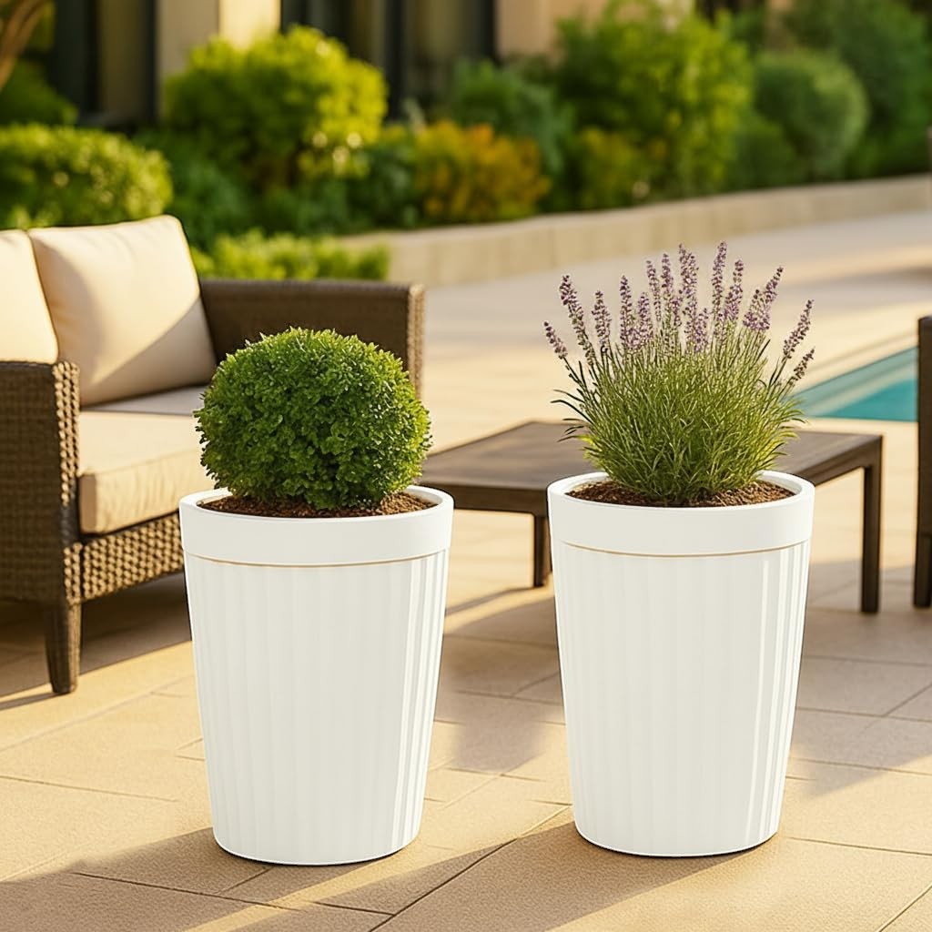 Go Hooked white ribbed plastic planter pot with a gold rim, 14 inch, perfect for indoor or outdoor use.